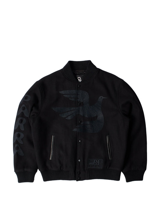 Black bomber jacket with a logo on a white background