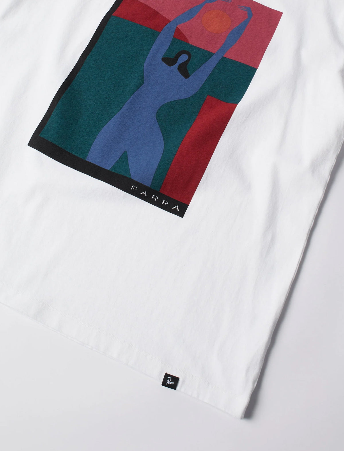 by parra White shirt with a colorful graphic of a person and a sun, featuring the brand 'Parra'.