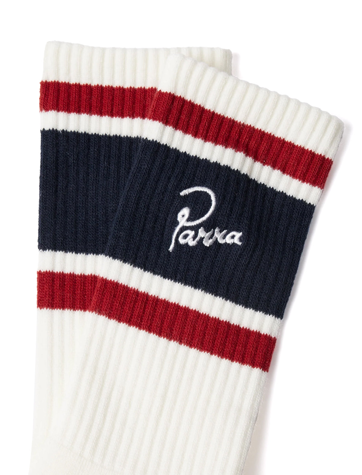 By Parra Signature Striped Crew Socks in White – embroidered signature detail