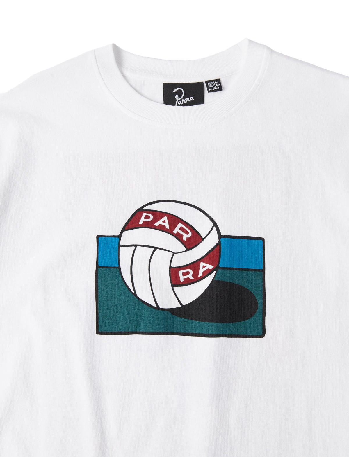 White t-shirt with a graphic design of a volleyball and 'PARRA' text on a white background