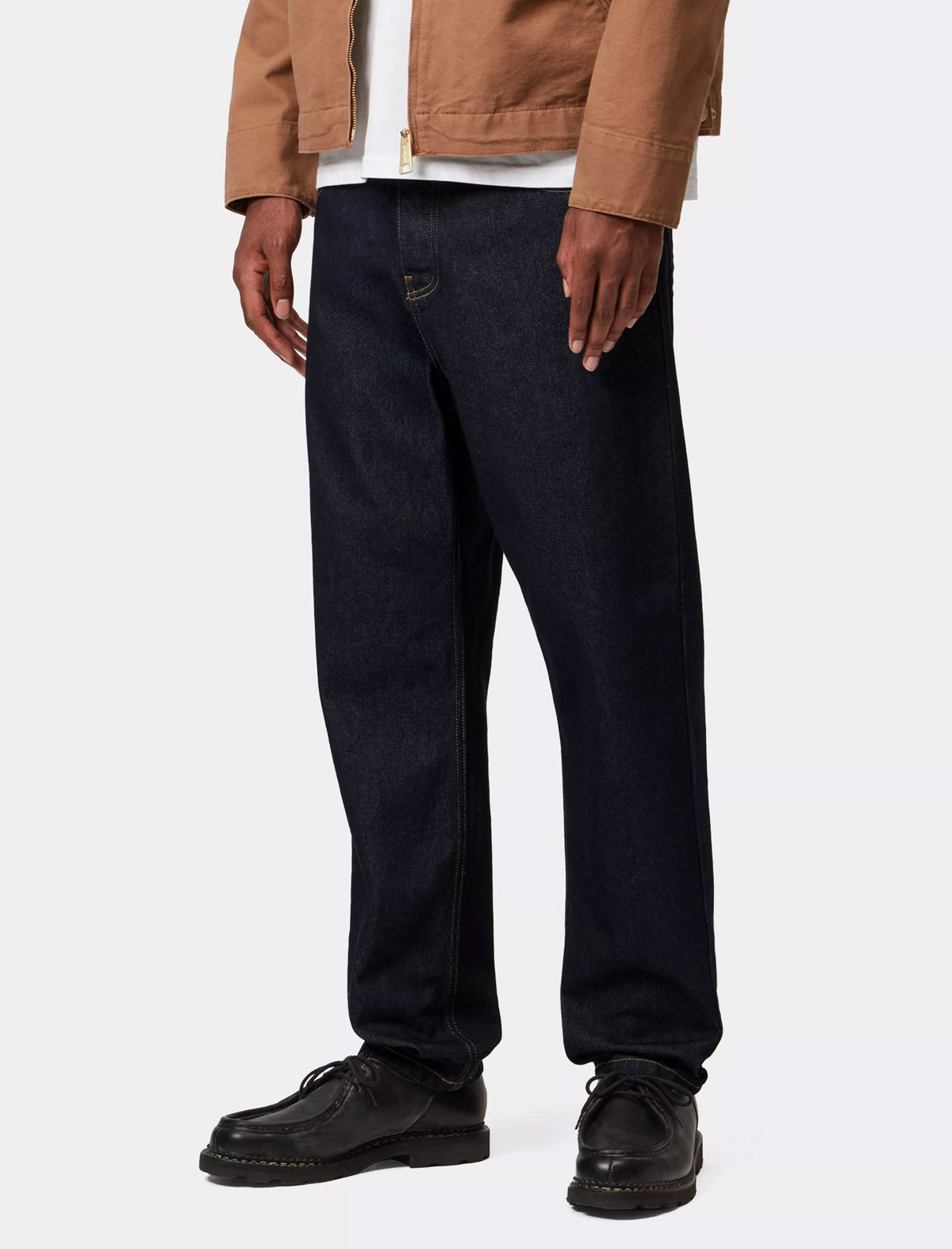 Carhartt WIP Newel Pant in Blue One Wash, styled on model, front