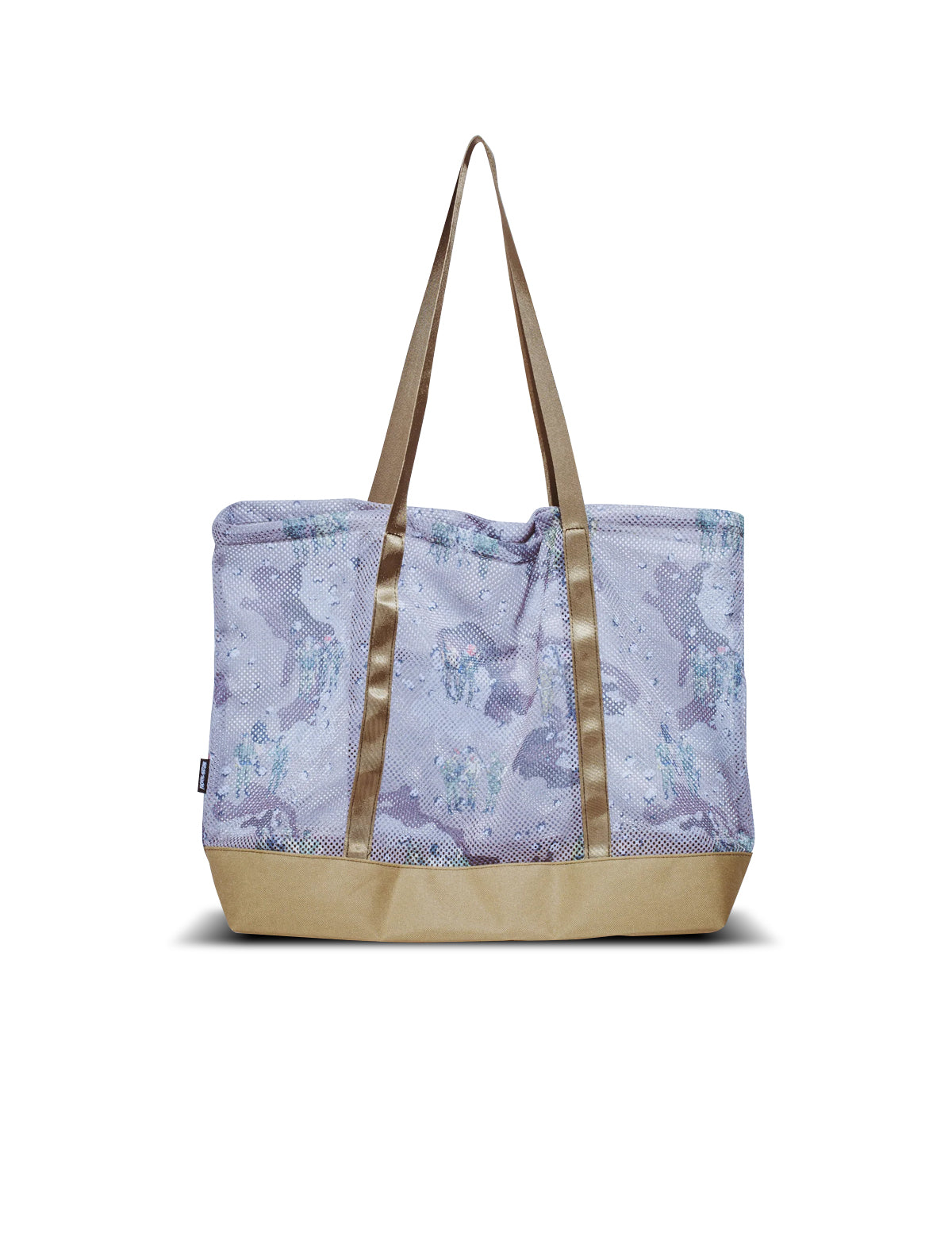 Tote bag with floral pattern and beige accents on a white background