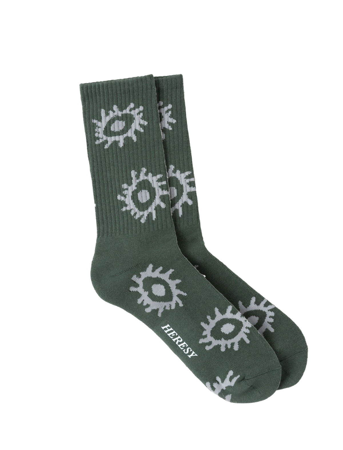 Heresy Spore Green socks with white symbols on a white background