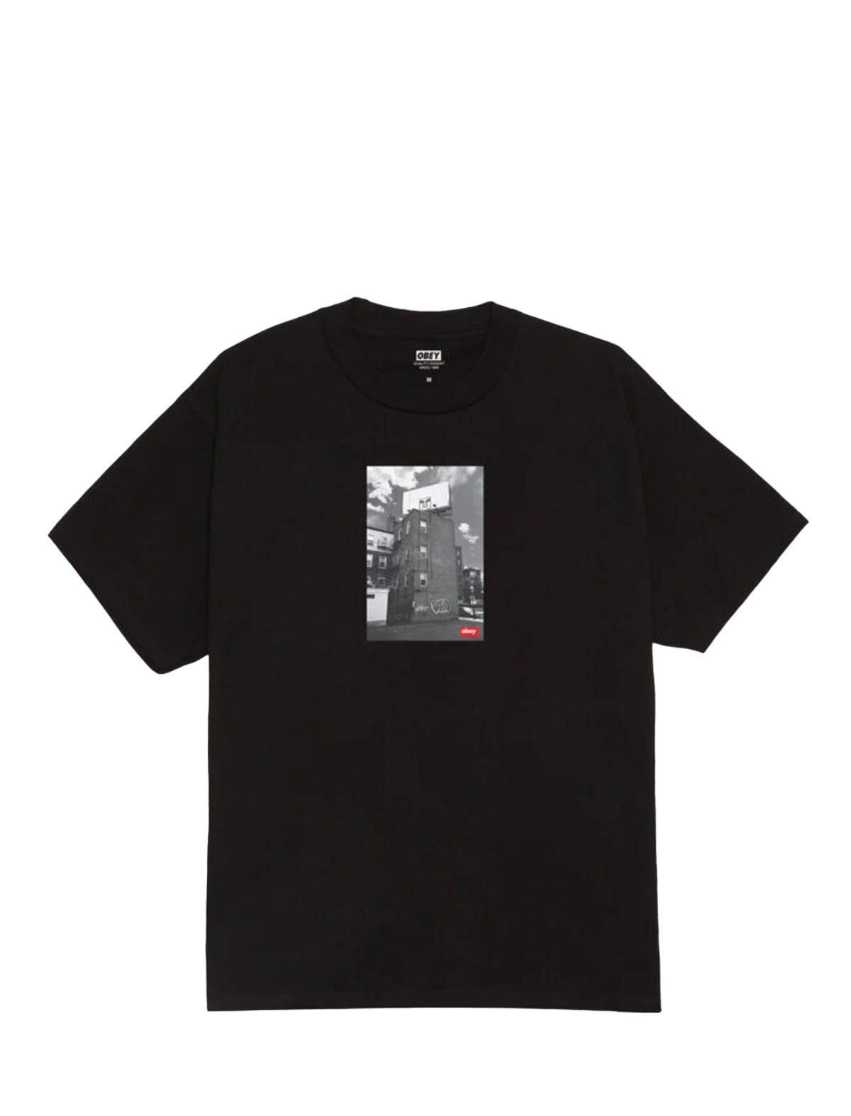 Black t-shirt with a graphic design on a white background