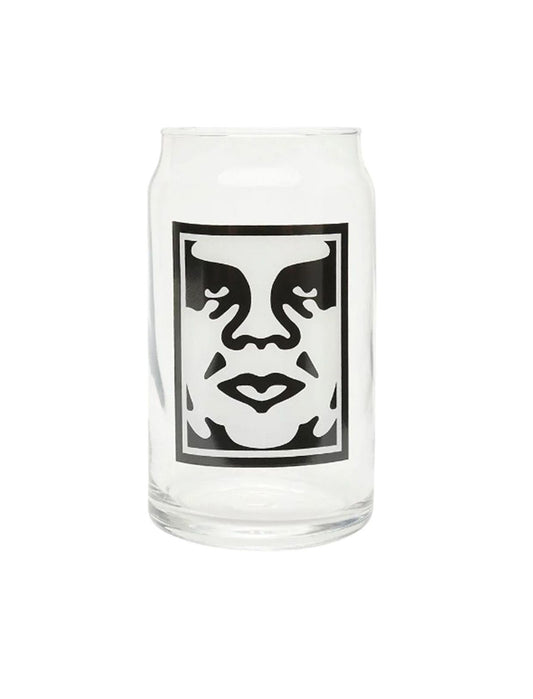 ObeyClear glass tumbler with a black and white face design on a white background
