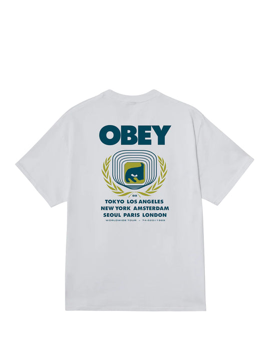 Obey Icon Eye Wreath White t-shirt with 'Obey' logo and text on a white background