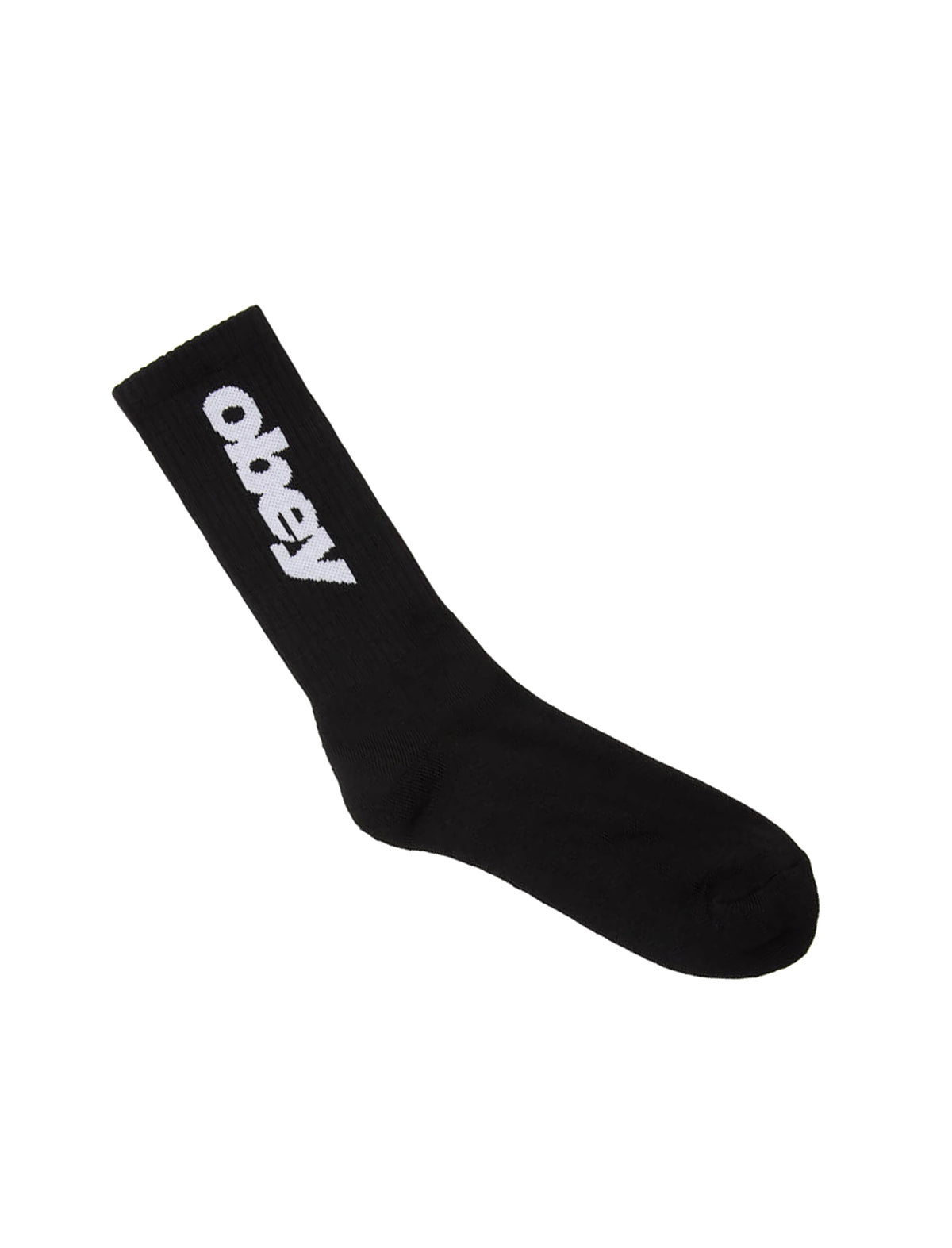 Black sock with 'obey' logo on a white background