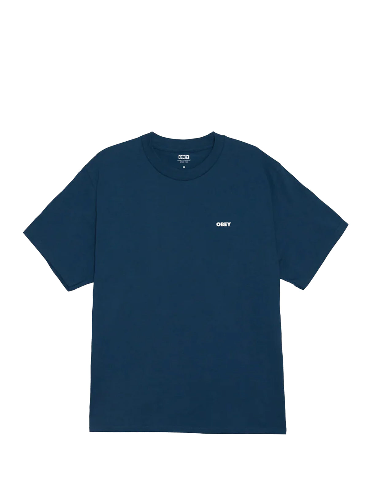 Navy blue t-shirt with a small white logo on a white background