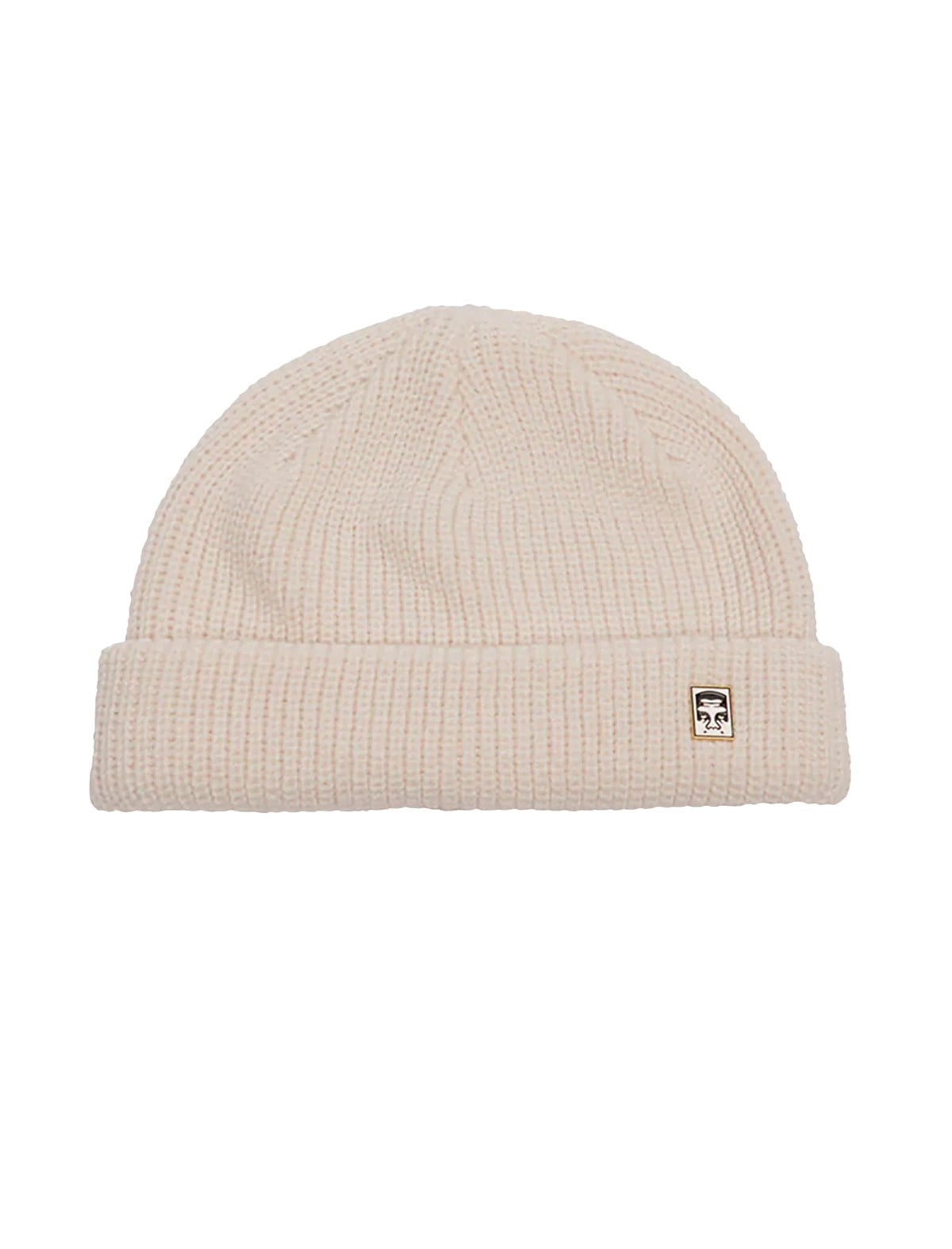 Obey Micro Beige knit beanie with a small logo on a white background