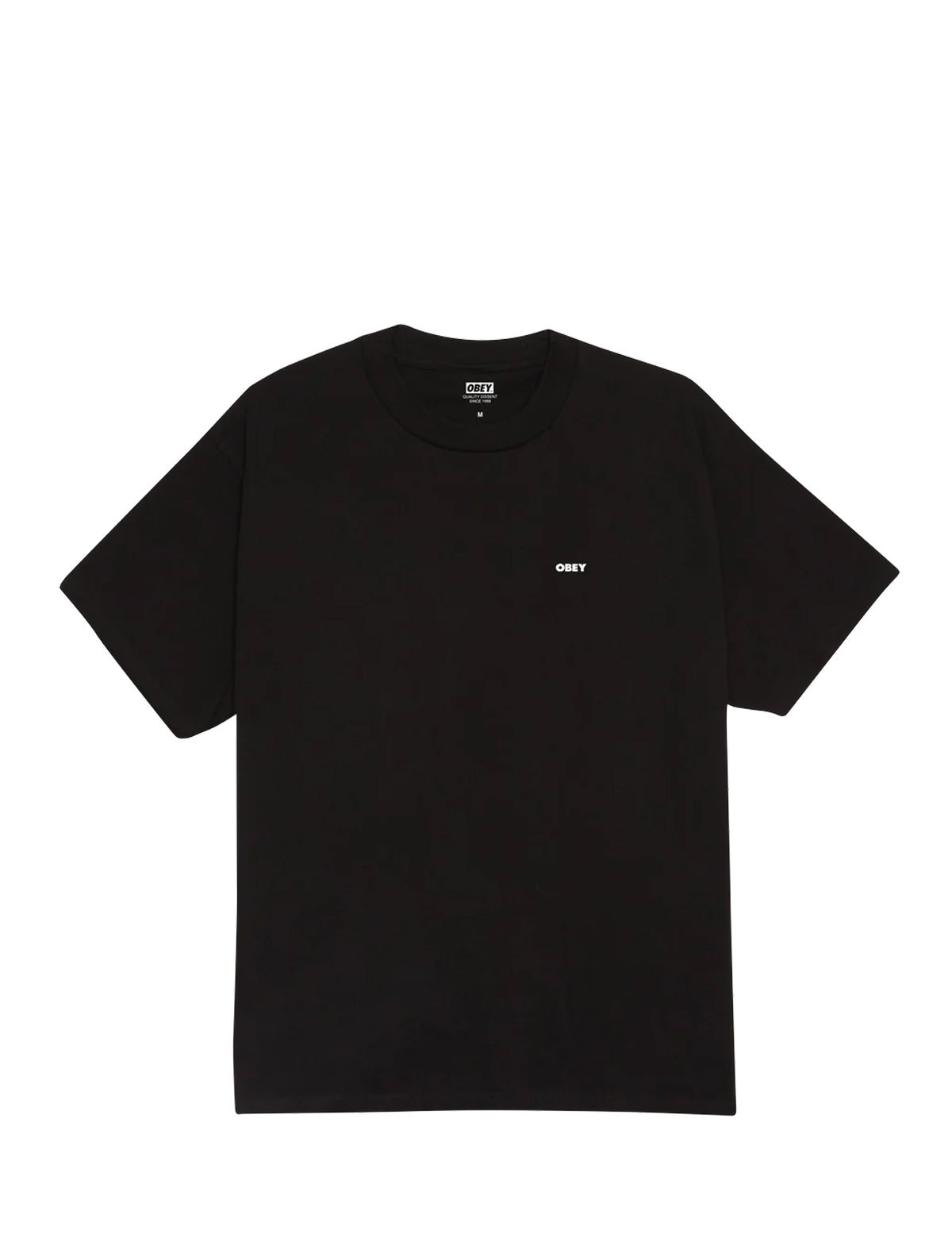 Black Obey t-shirt with a small white logo on a white background