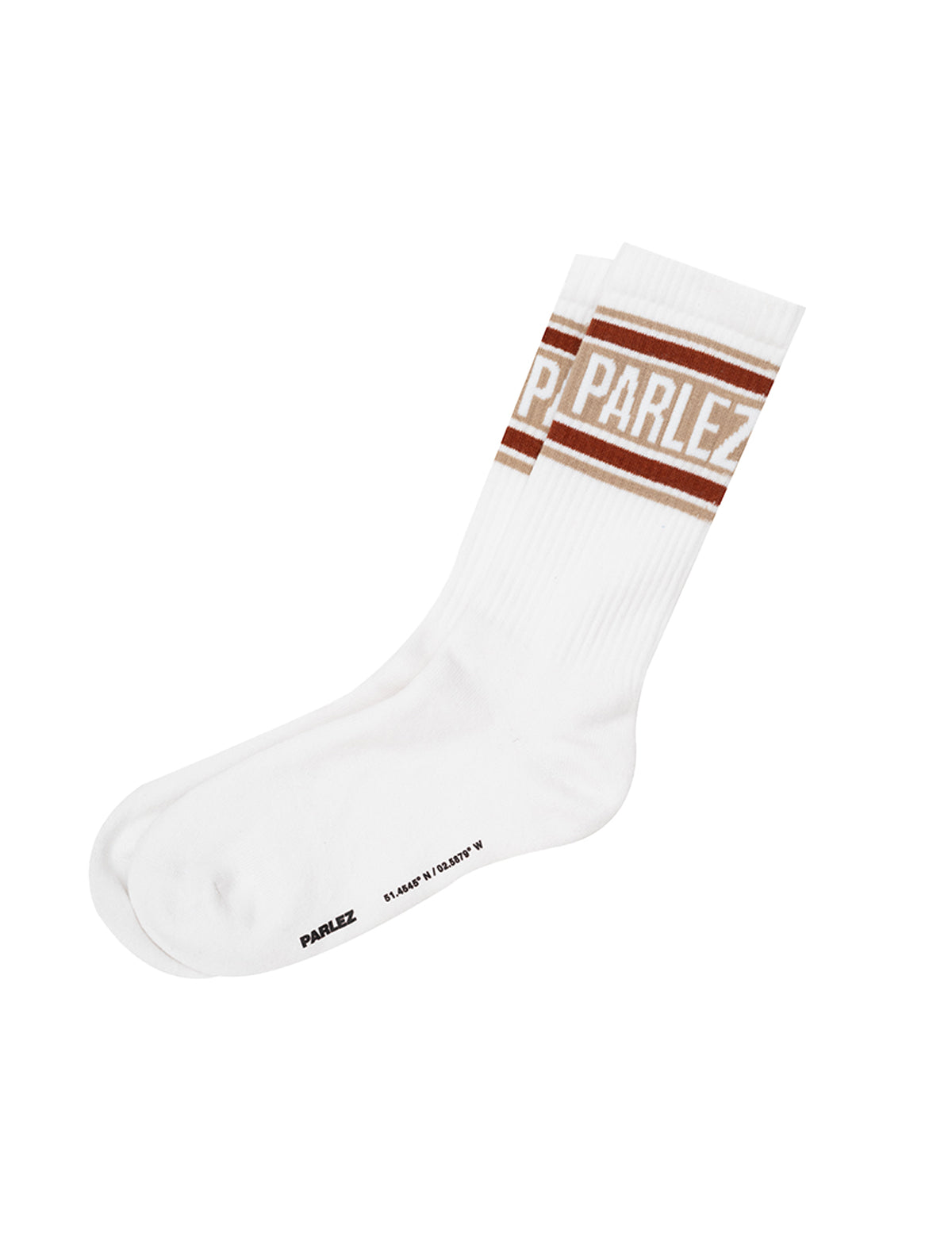 A pair of white crew socks with brown stripes and 'PARLEZ' branding on the cuff, displayed on a clean white background.
