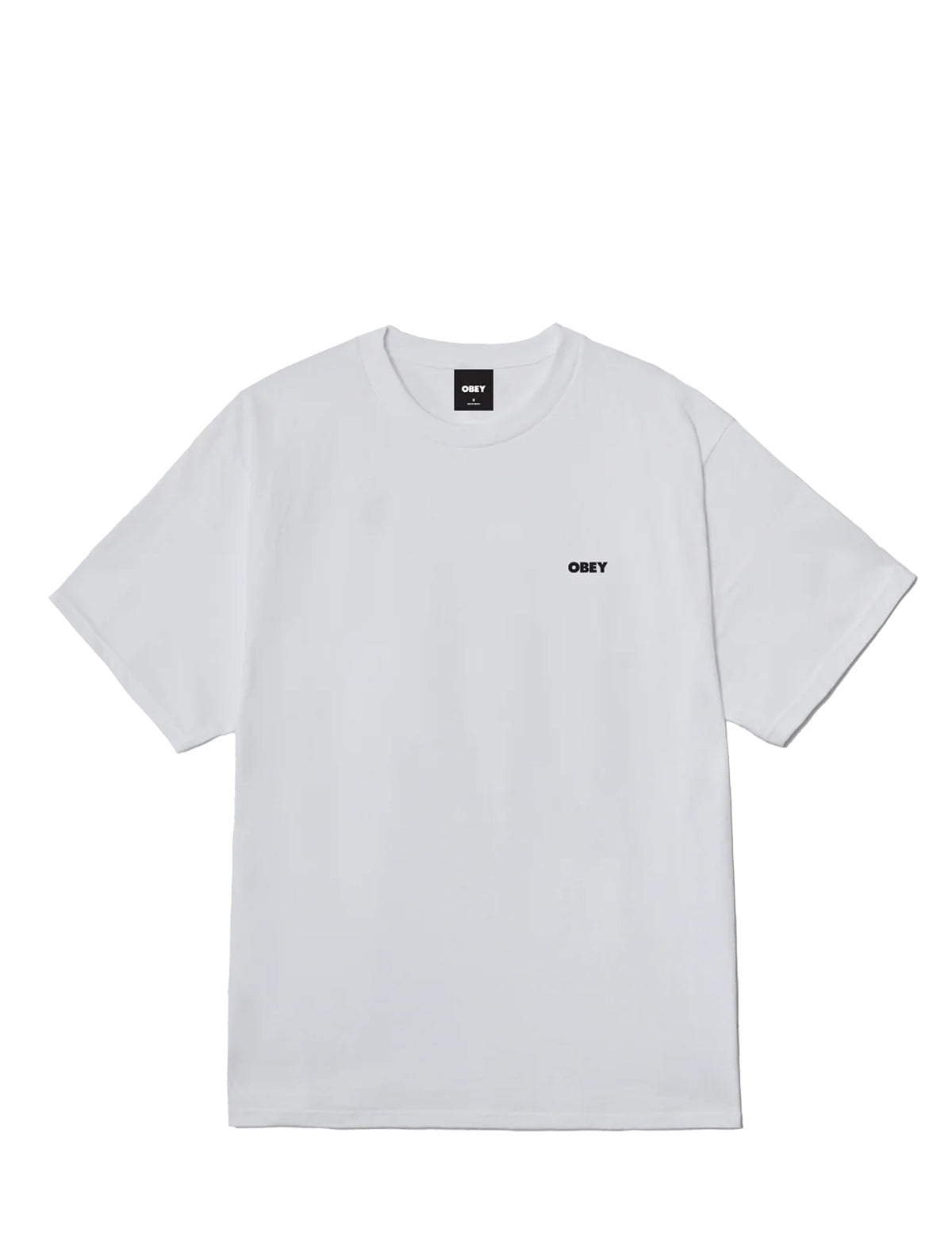 A white short-sleeve crewneck t-shirt with a small black 'OBEY' logo printed on the left chest, displayed flat against a solid white background.