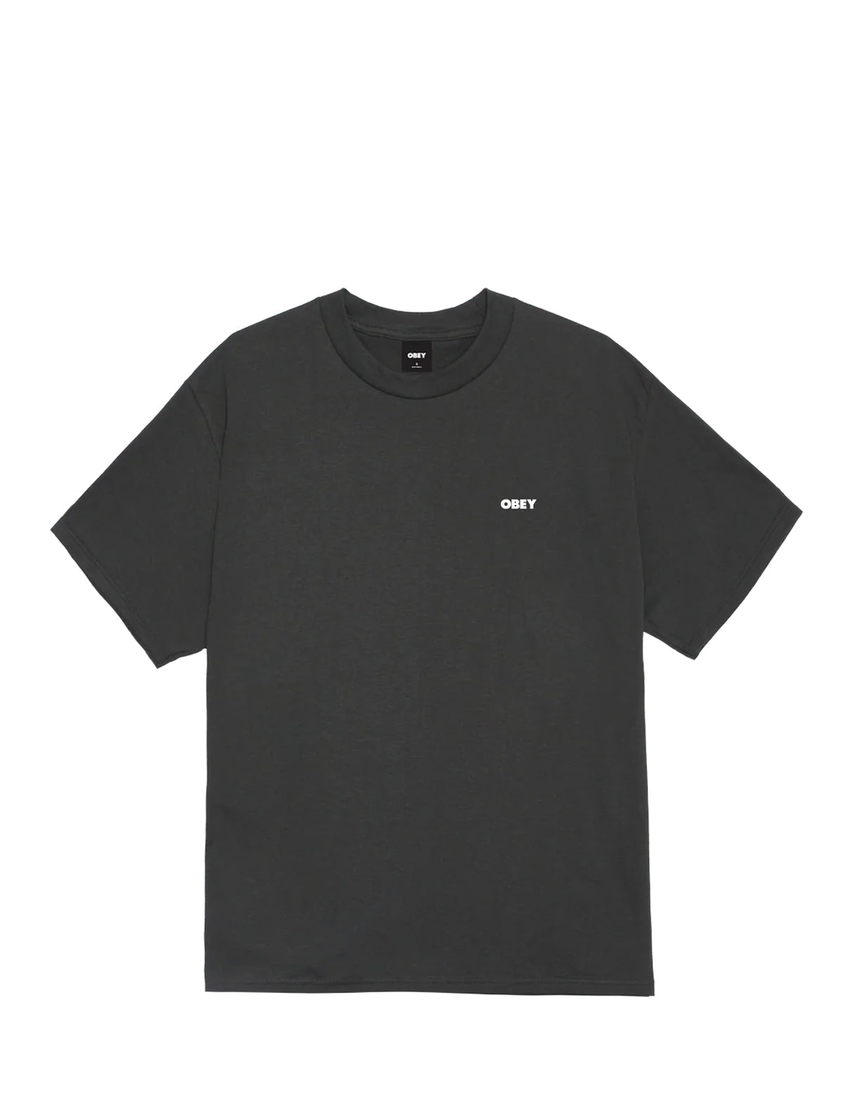 Black t-shirt with a small obey logo on a white background