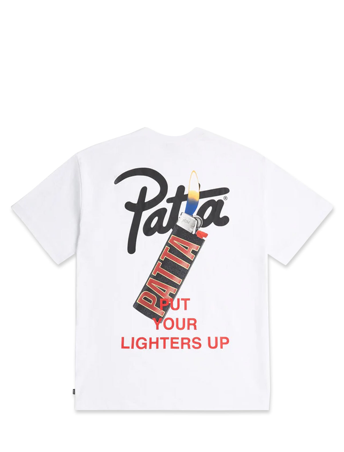 Patta Lighters White t-shirt with black and red graphic design on a white background
