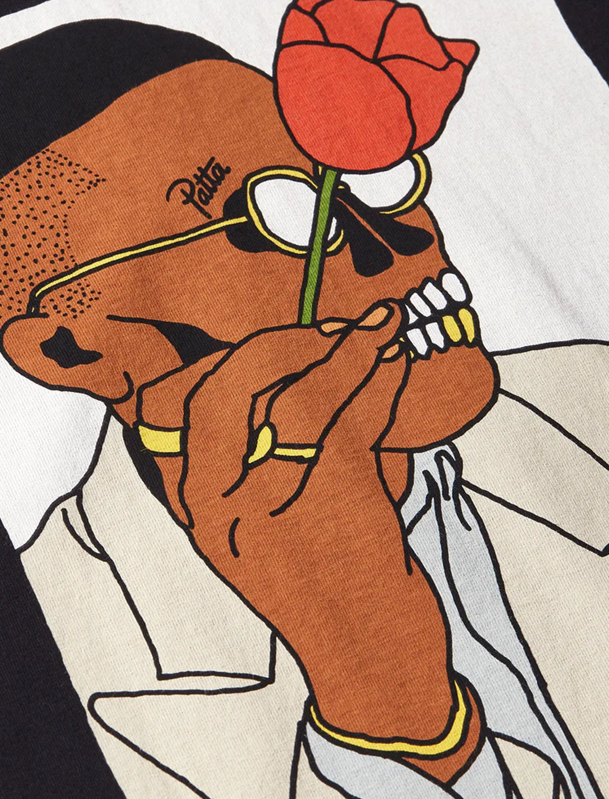 Illustration of a stylized face with sunglasses and a red flower, wearing a suit.