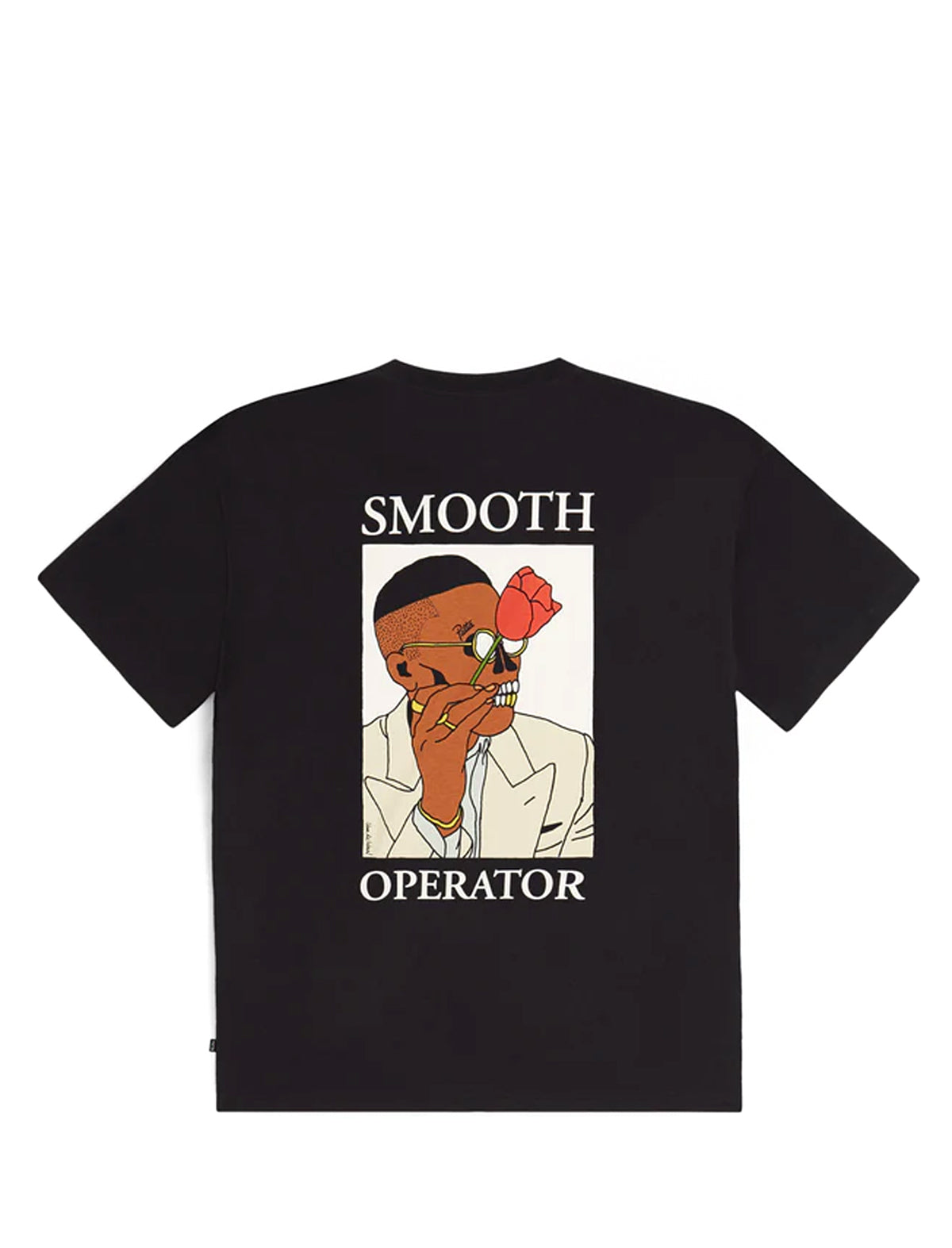Patta Black t-shirt with a graphic of a man with a flower on his nose and text 'Smooth Operator' on a white background