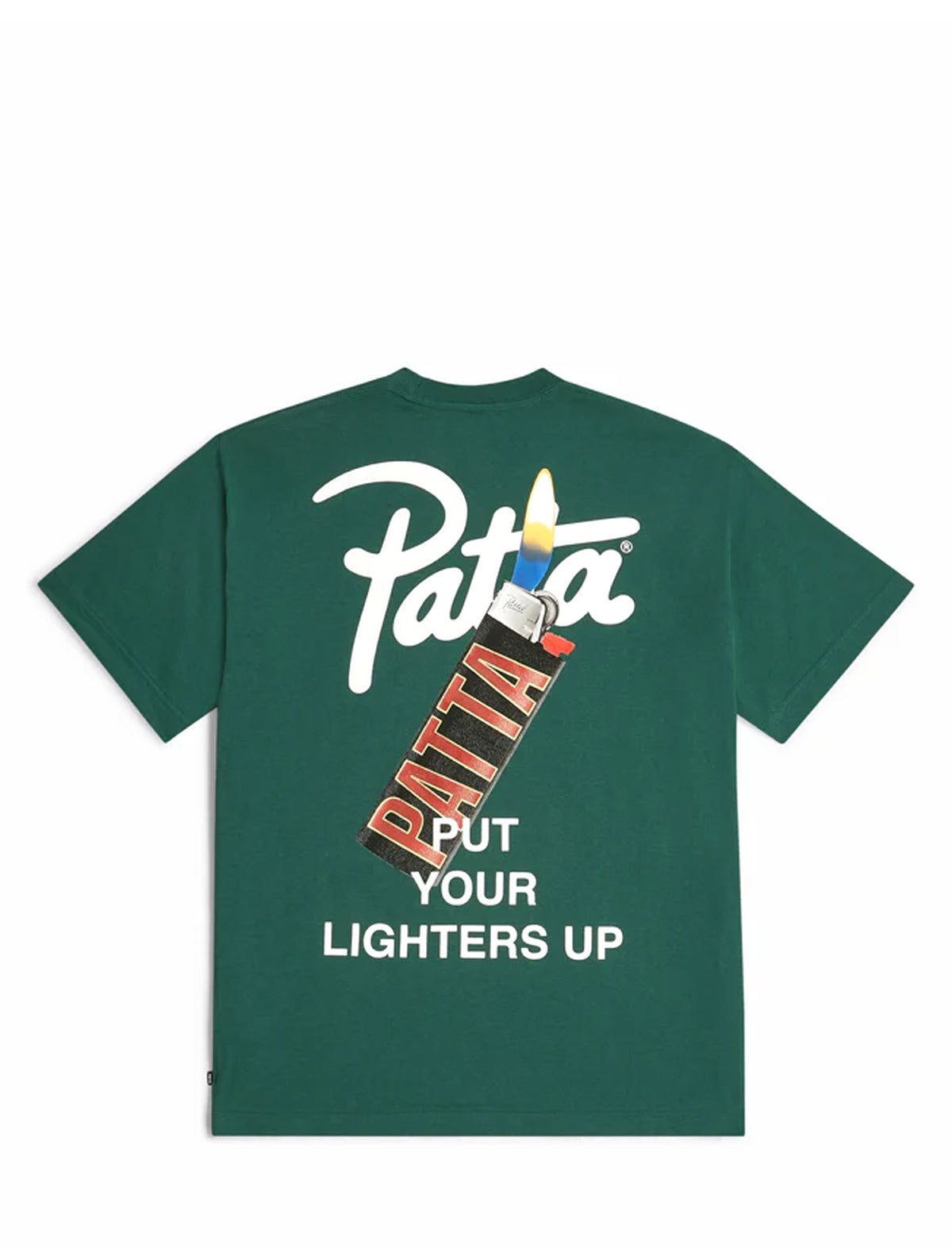 Green Patta t-shirt with 'Patta' branding and graphic on a white background