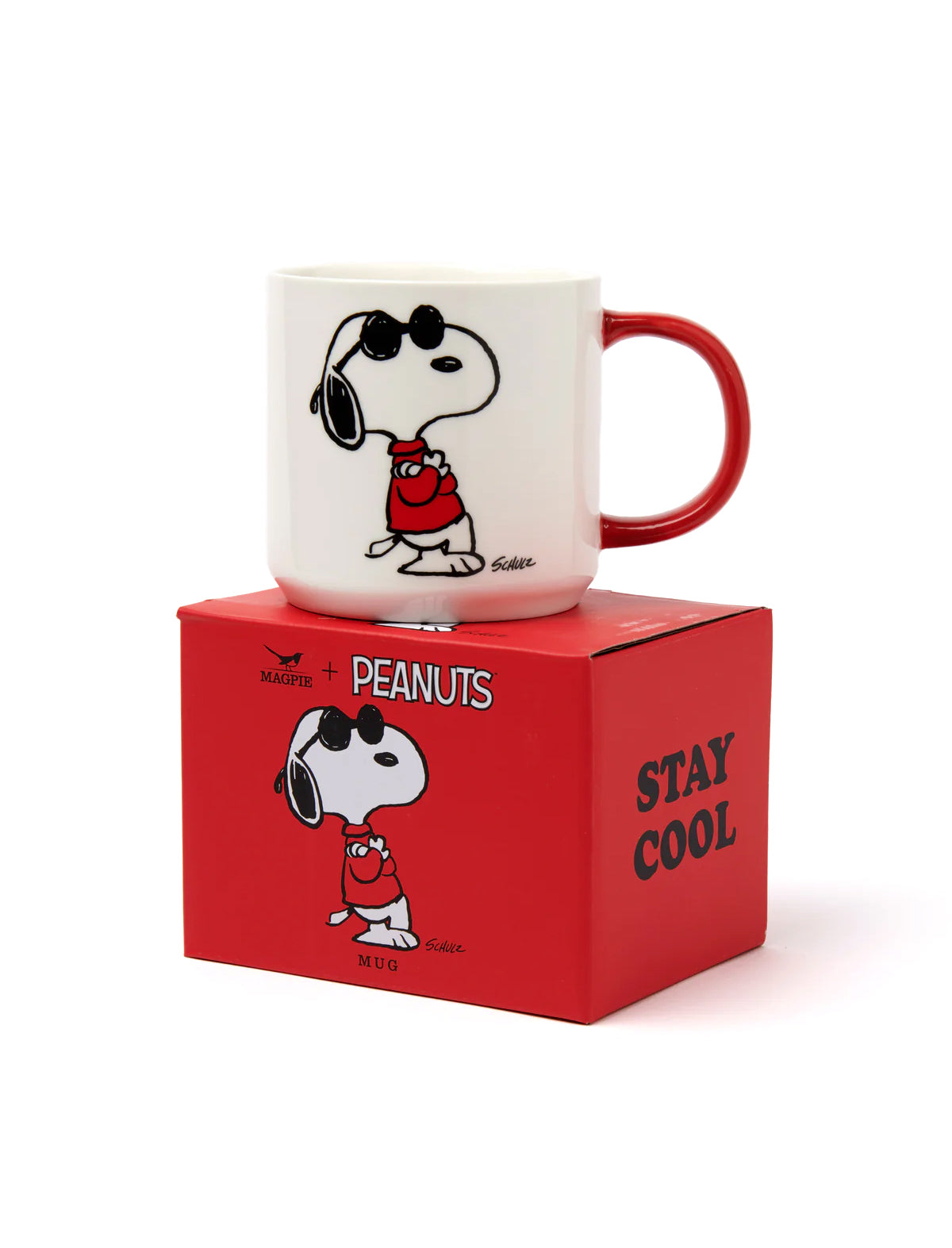 Snoopy mug with red handle on a red box featuring 'Peanuts' and 'Stay Cool' text.