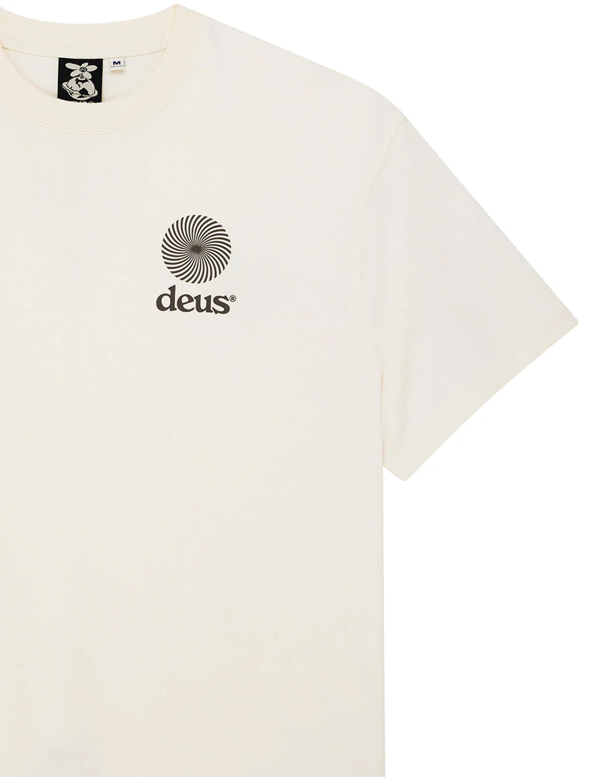 White t-shirt with 'deus' logo on a white background