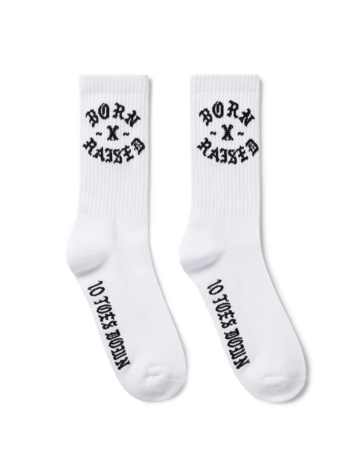 White socks with black text on a white background