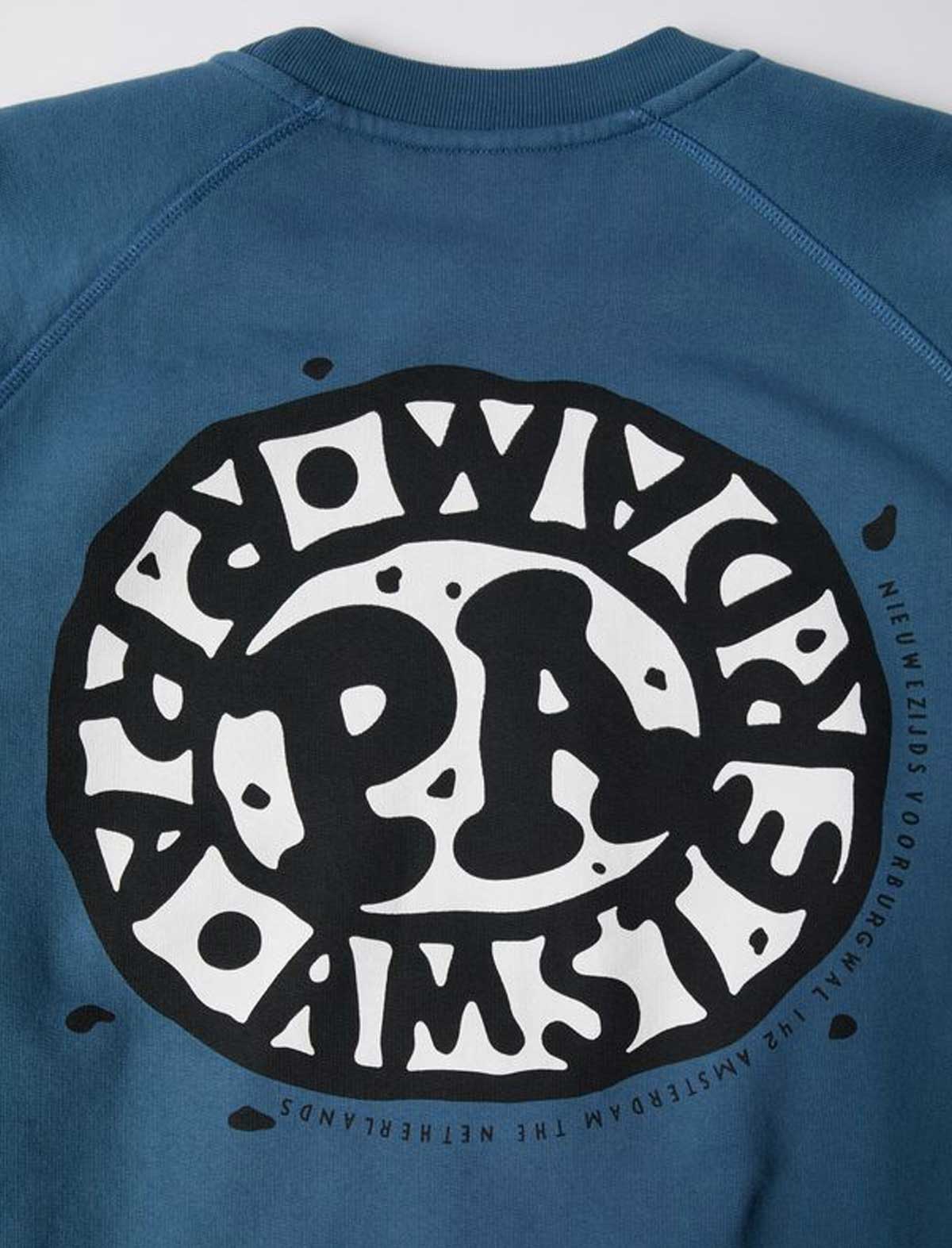 By Parra Amsterdammed Crew Neck Sweater Washed Blue Back Print Close Up