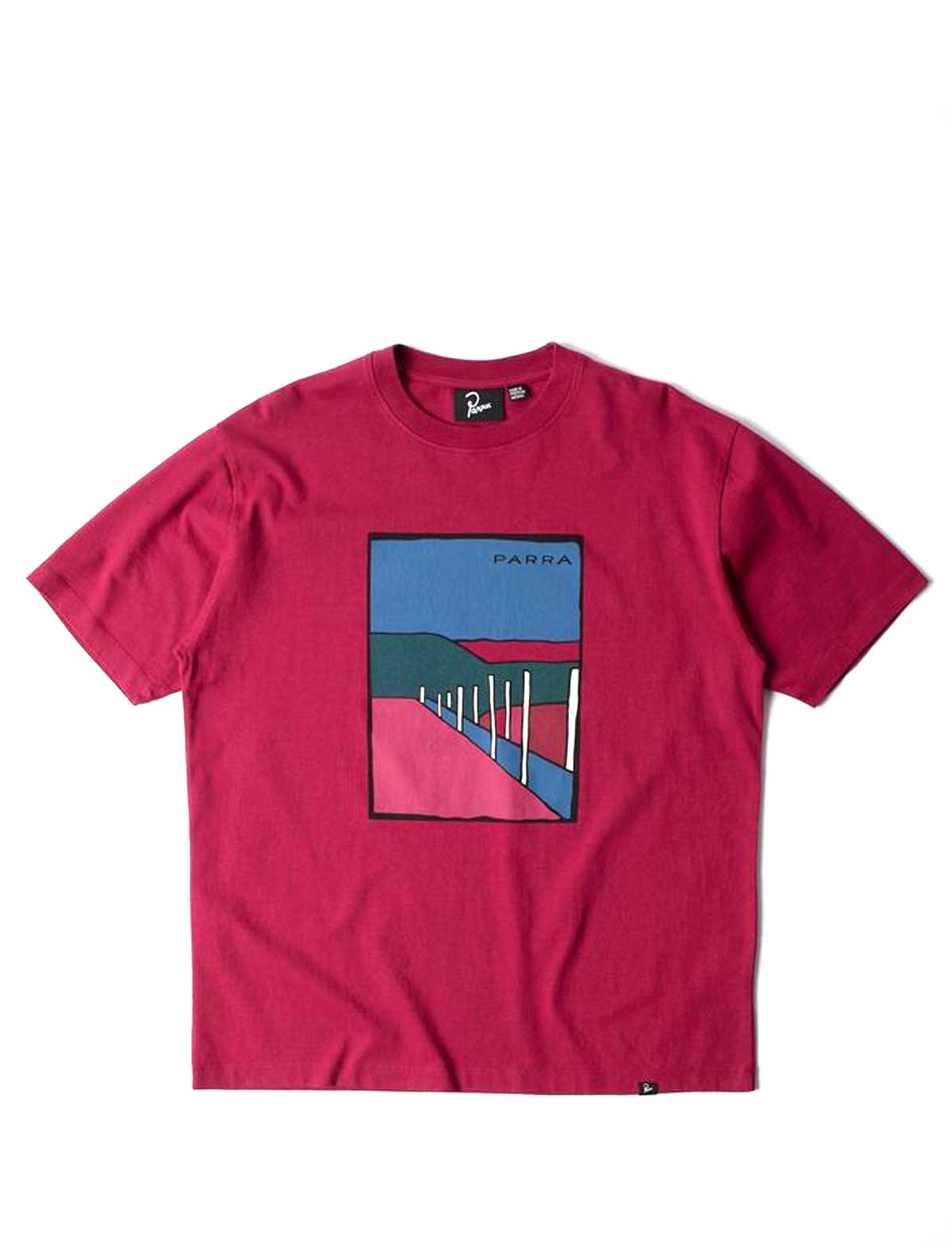 By PArra Beach Parking Red t-shirt with a colorful graphic on a white background