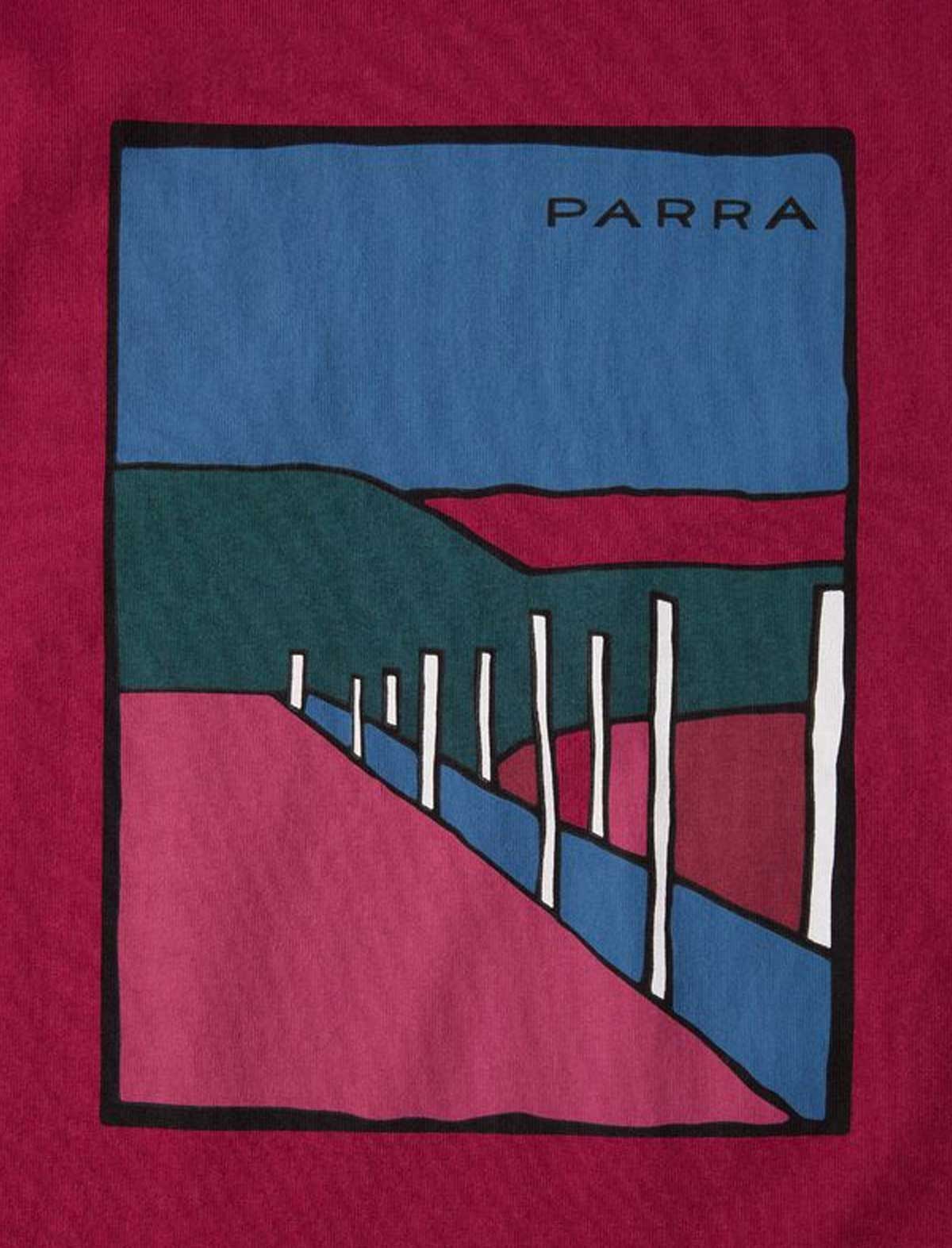 By Parra Beach Parking T-Shirt Abstract design with 'PARRA' branding on a red background