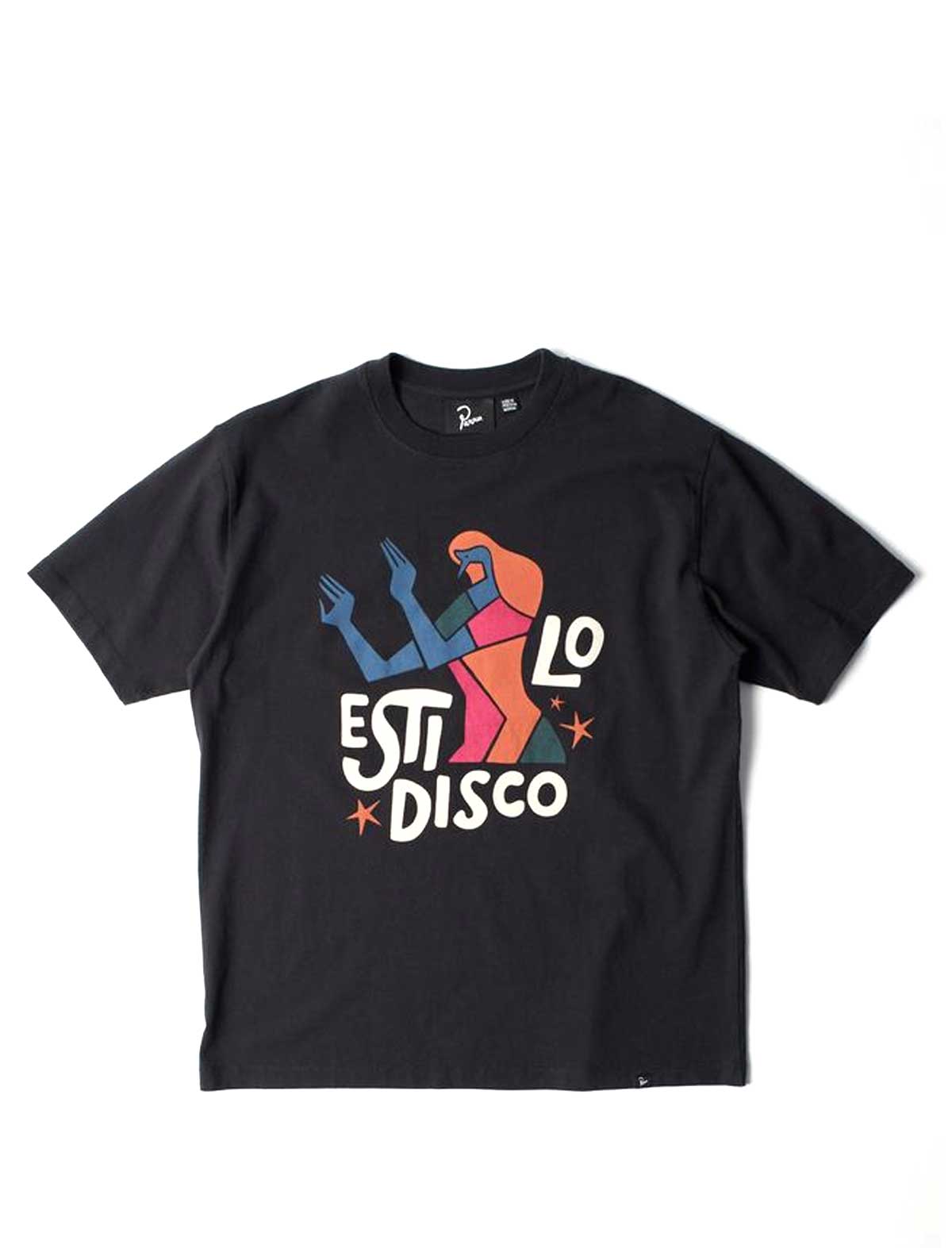 By Parra El Stilo Disco Black t-shirt with colorful graphic design on a white background