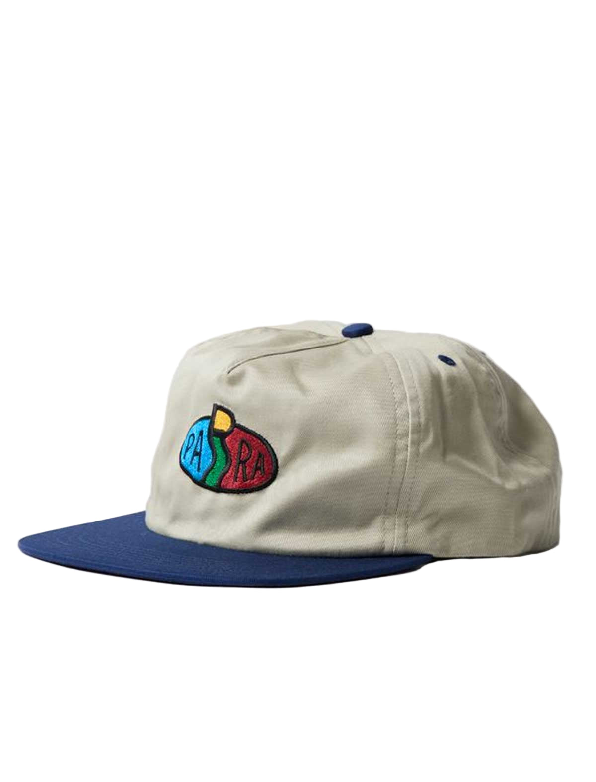 By Parra Legs Logo Beige cap with blue brim and colorful logo on a white background