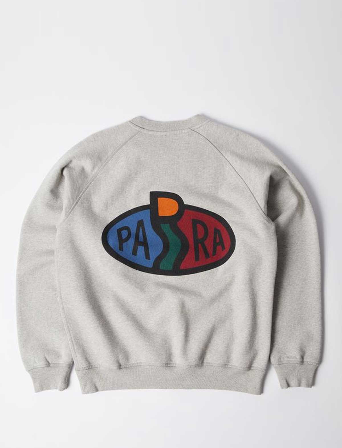 Gray sweatshirt with a colorful logo on the back against a white background