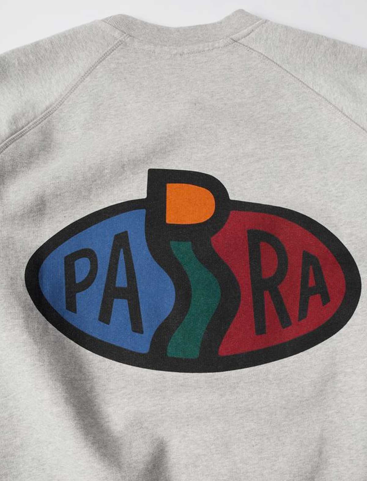 Gray sweatshirt with a colorful logo on the back