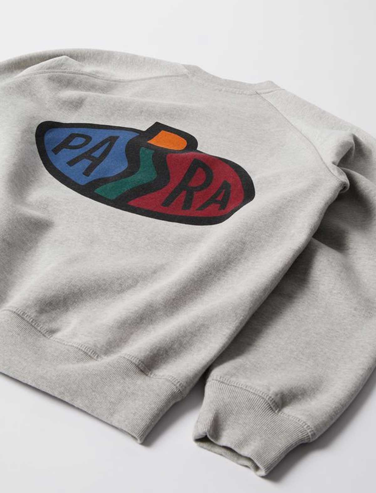 Gray sweatshirt with a colorful logo on a white background