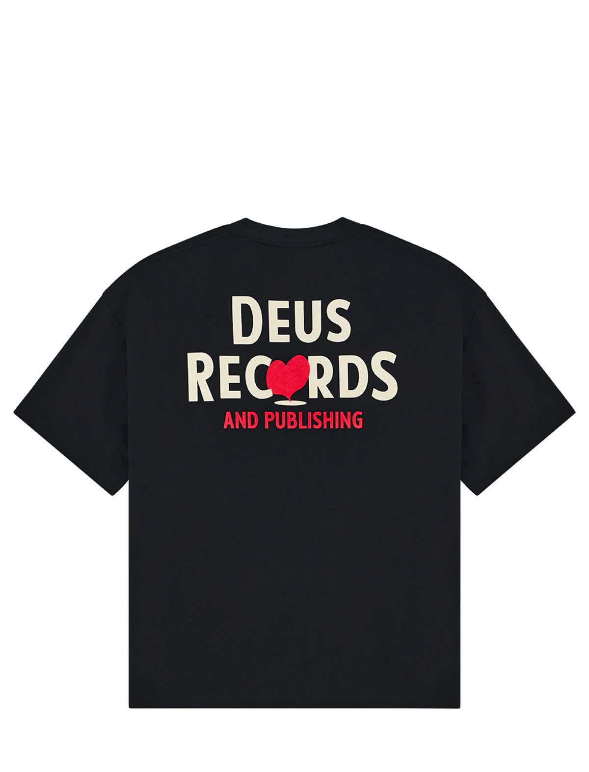 deus ex machina deep cut Black t-shirt with 'Deus Records and Publishing' text on the back against a white background
