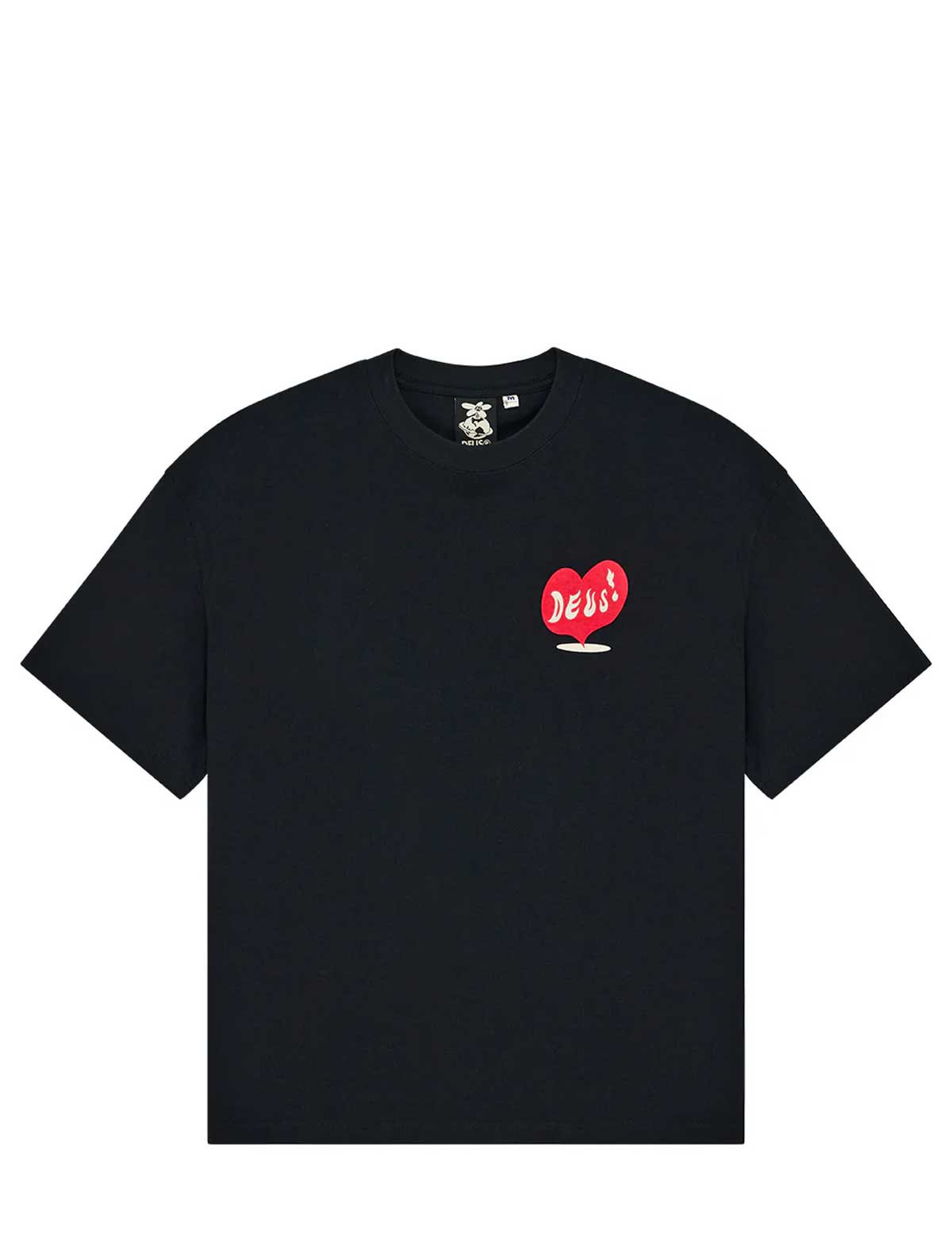 deus ex machina deep cut Black t-shirt with a red heart design on a white background