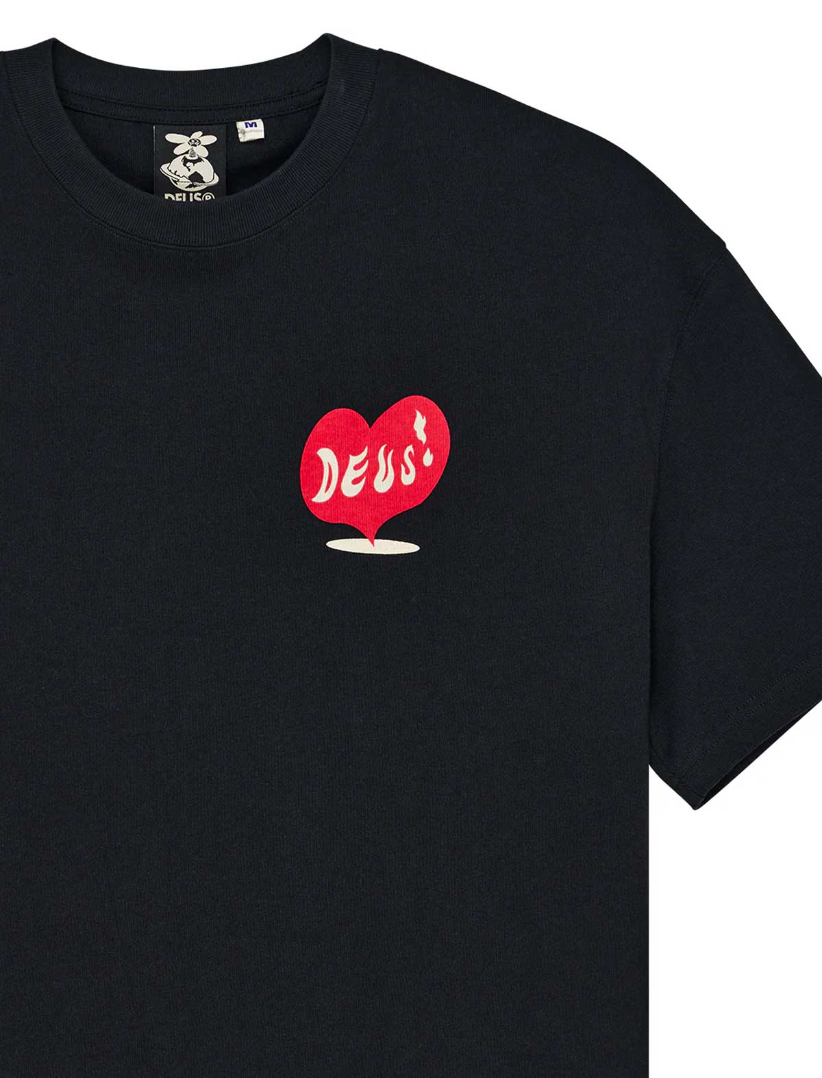 deus ex machina deep cut Black t-shirt with a red heart and 'DEUS' logo on a white background