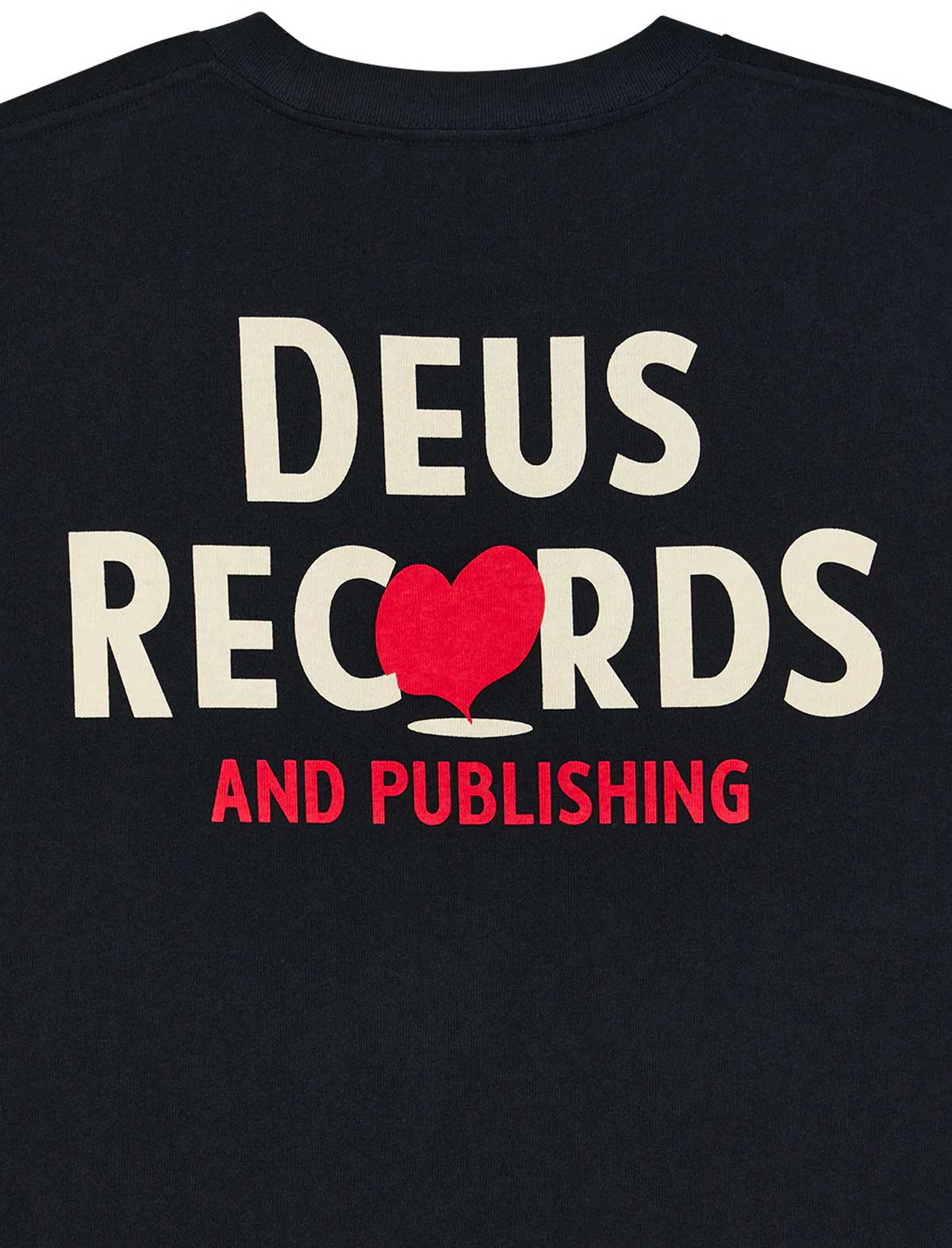 deus ex machina deep cut Black shirt with 'Deus Records and Publishing' text and red heart on a black background