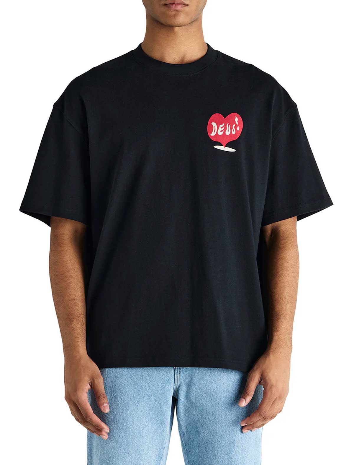 Person wearing a deus ex machina deep cut black t-shirt with a red heart design on a white background