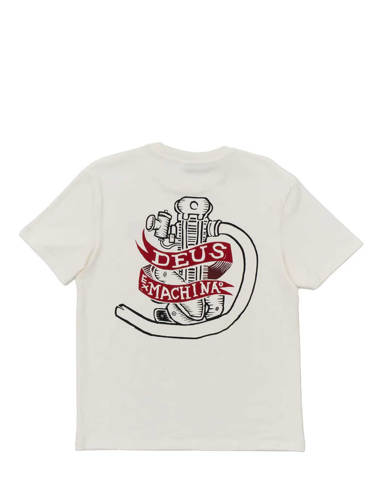 deus ex machina jailer sappy White t-shirt with a graphic design on the back on a white background
