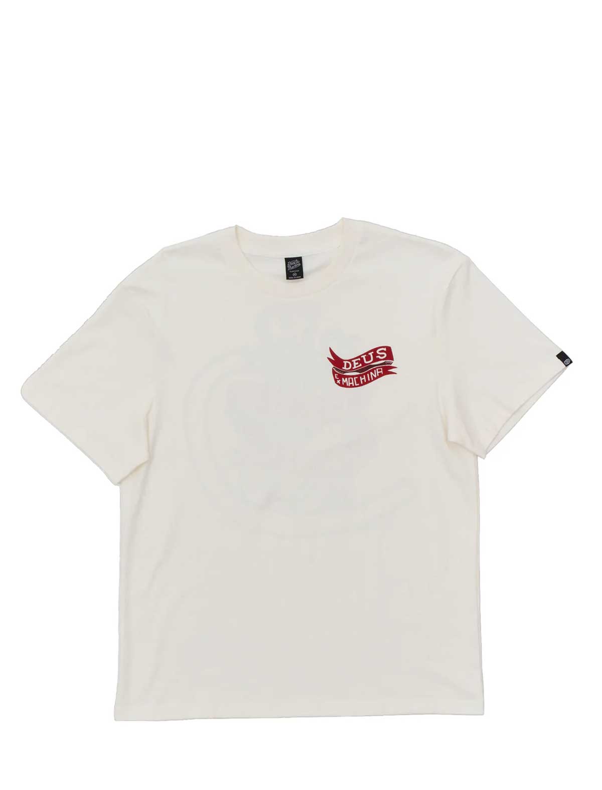 deus ex machina jailer sappy White t-shirt with a red logo on a white background