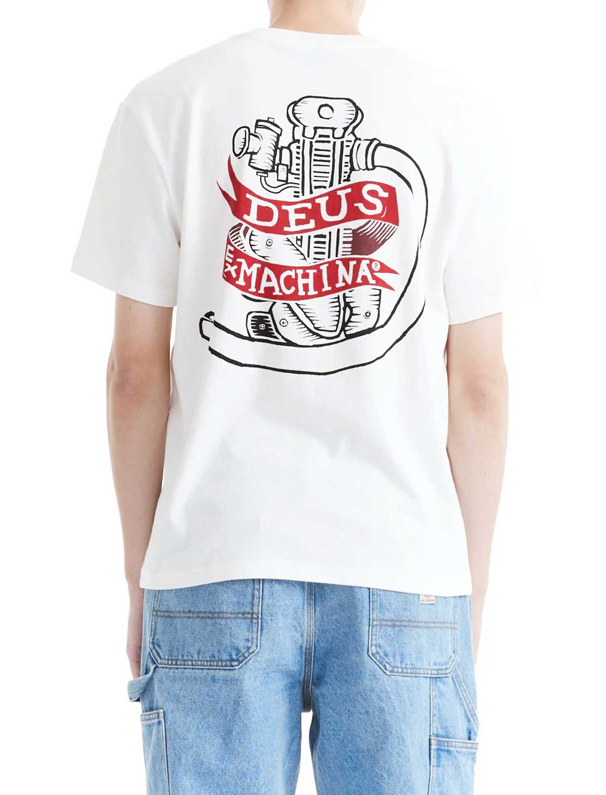 deus ex machina jailer sappyWhite t-shirt with a graphic design on the back, worn by a person.