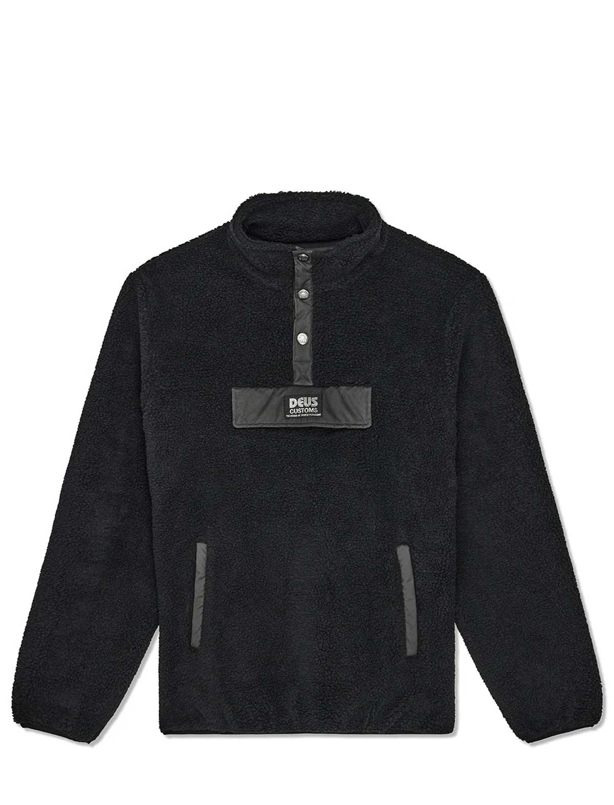 Black fleece pullover with a brand logo on a white background