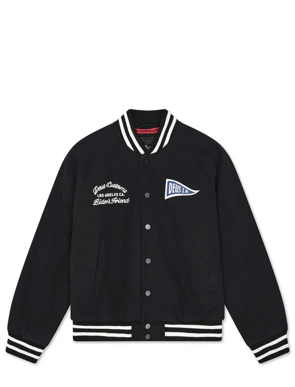 Black varsity jacket with white text and logos on a white background