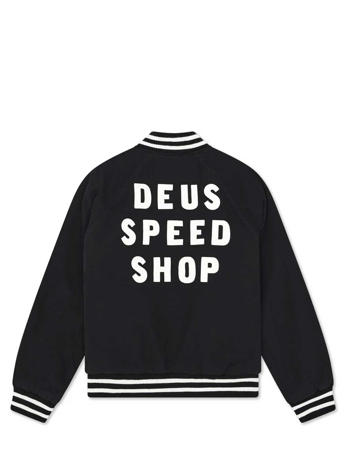 Black jacket with 'DEUS SPEED SHOP' text on the back against a white background