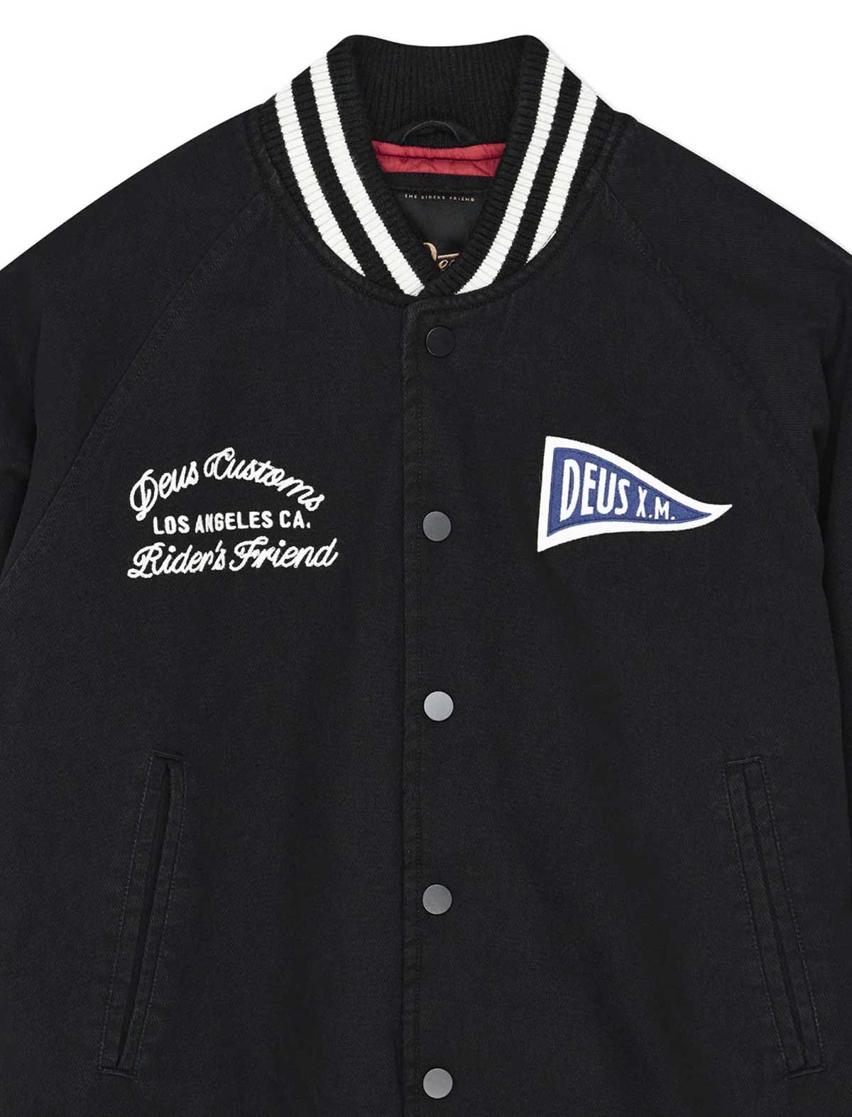 Black varsity jacket with white and blue branding on a white background