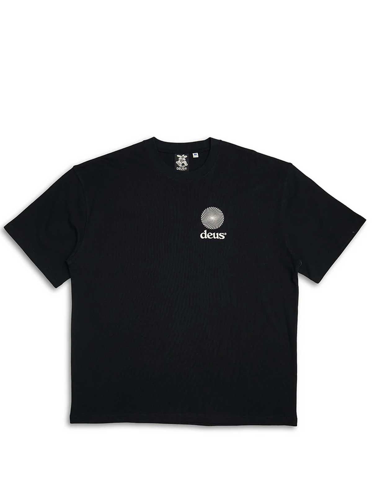 deus ex machina strata Black t-shirt with a small logo on the chest against a white background