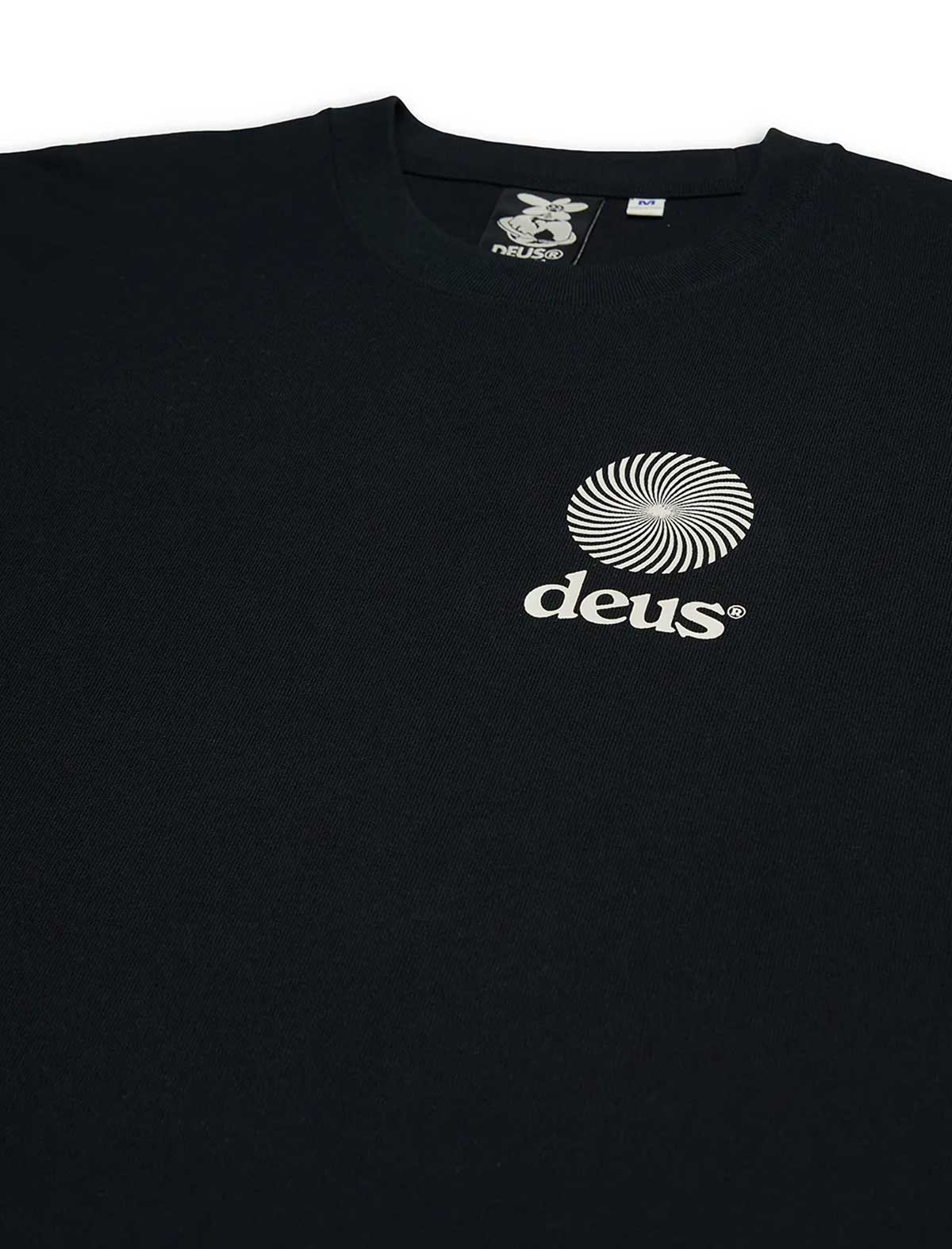 deus ex machina strata Black t-shirt with a white logo on a white background