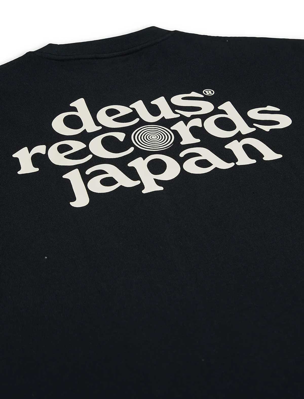 deus ex machina strata Black t-shirt with 'deus records japan' text on a black background