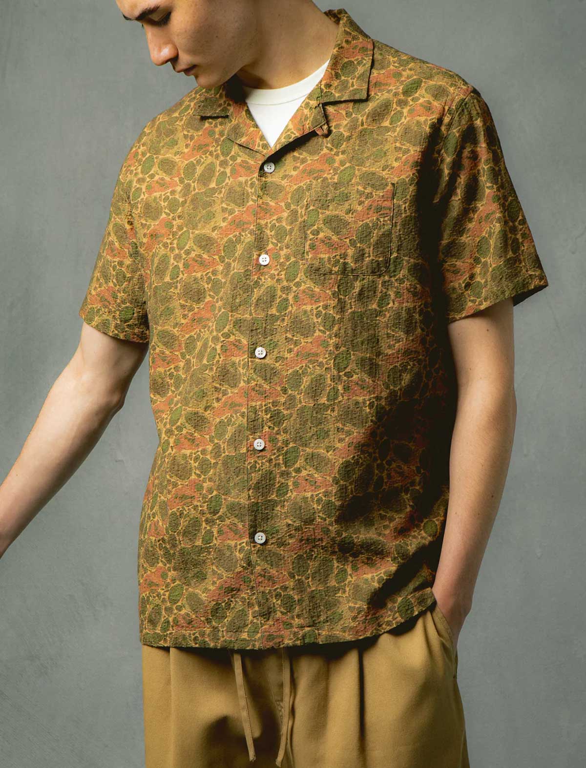 Kestin Crammond Shirt Olive Marble Print On Model