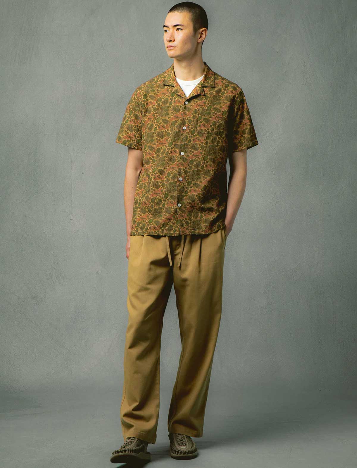 Kestin Crammond Shirt Olive Marble Print Full Shot On Model