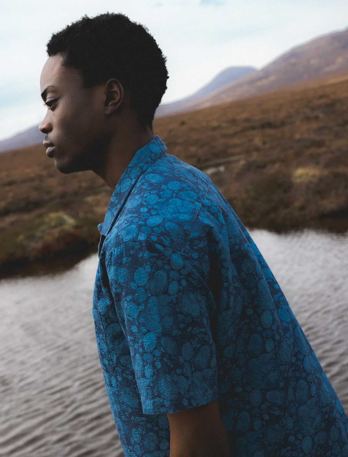 Kestin Crammond Shirt Blue Marble Print Model